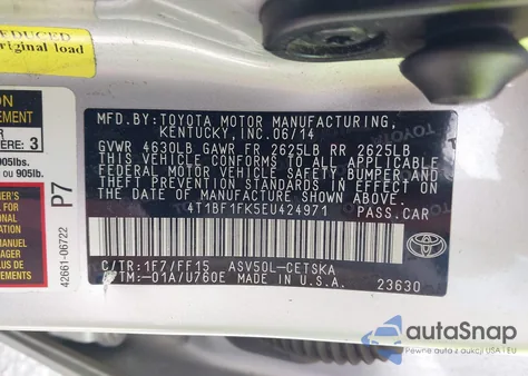 2014 Toyota Camry L/Se/Le/Xle z USA, uszkodzony, nr VIN 4T1BF1FK5EU424971